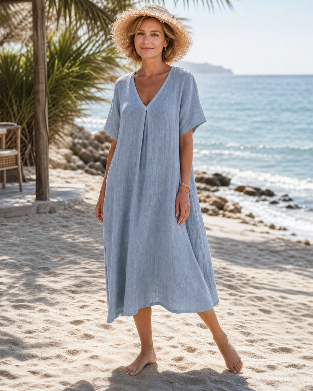 Thamal | Washed Cotton Blend V-Neck Relaxed Midi Dress