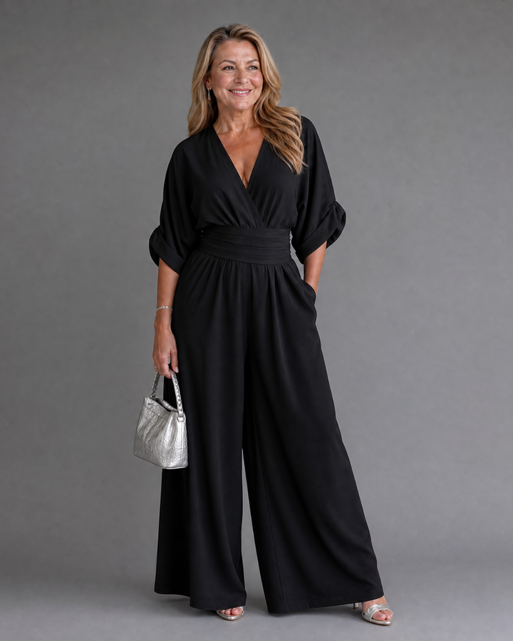 Emene | Draped V-Neck Wide Leg Relaxed Jumpsuit