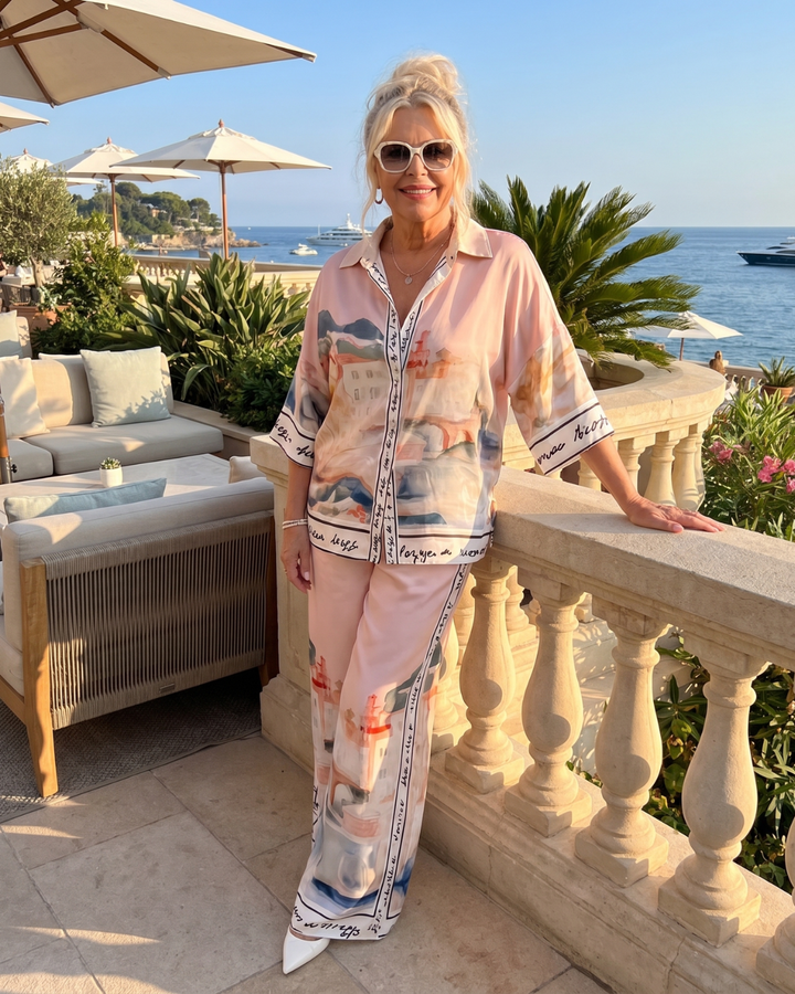 Akela | Scenic Print Button Front Shirt And Wide Leg Pants Set