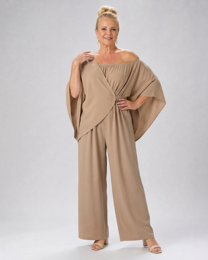 Vemrina | Draped Off Shoulder Top And Wide Leg Pants Set