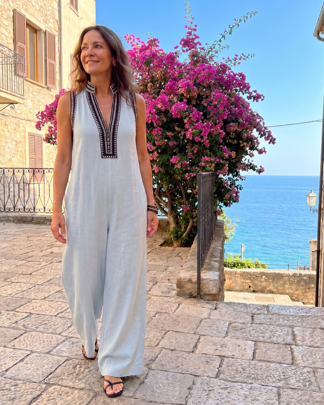 Velmira | Embroidered V-Neck Sleeveless Wide Leg Jumpsuit