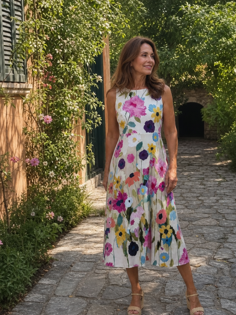 Flory | Floral Print Sleeveless Round Neck Midi Dress