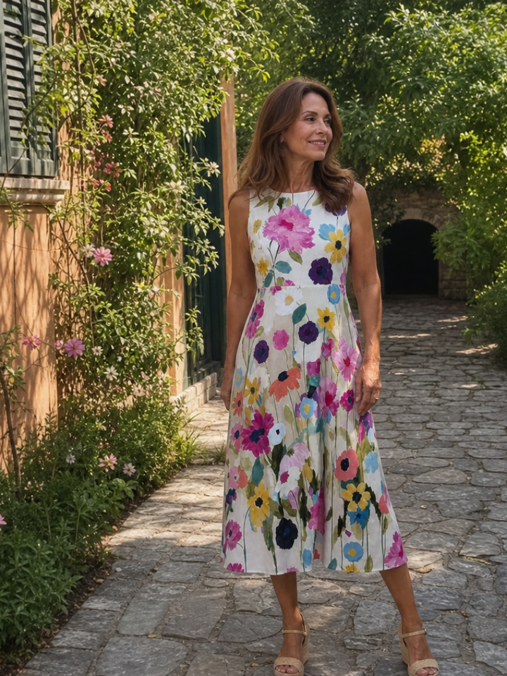 Flory | Floral Print Sleeveless Round Neck Midi Dress