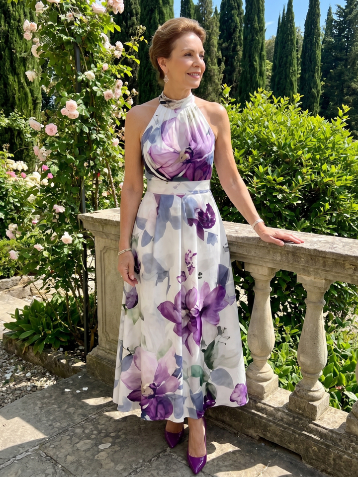 Omego | Soft Bloom Halter Neck Flowing Midi Dress