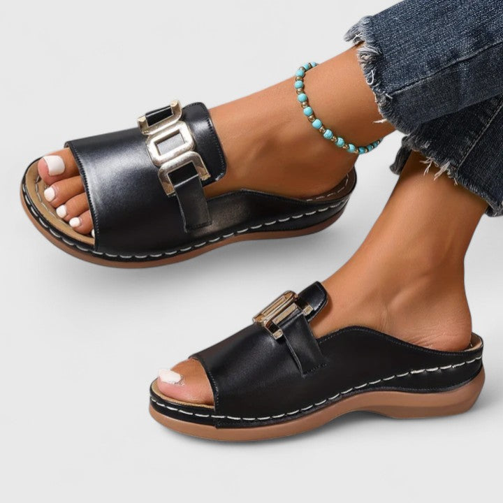 Solene | Buckle Accent Comfort Slide Sandals