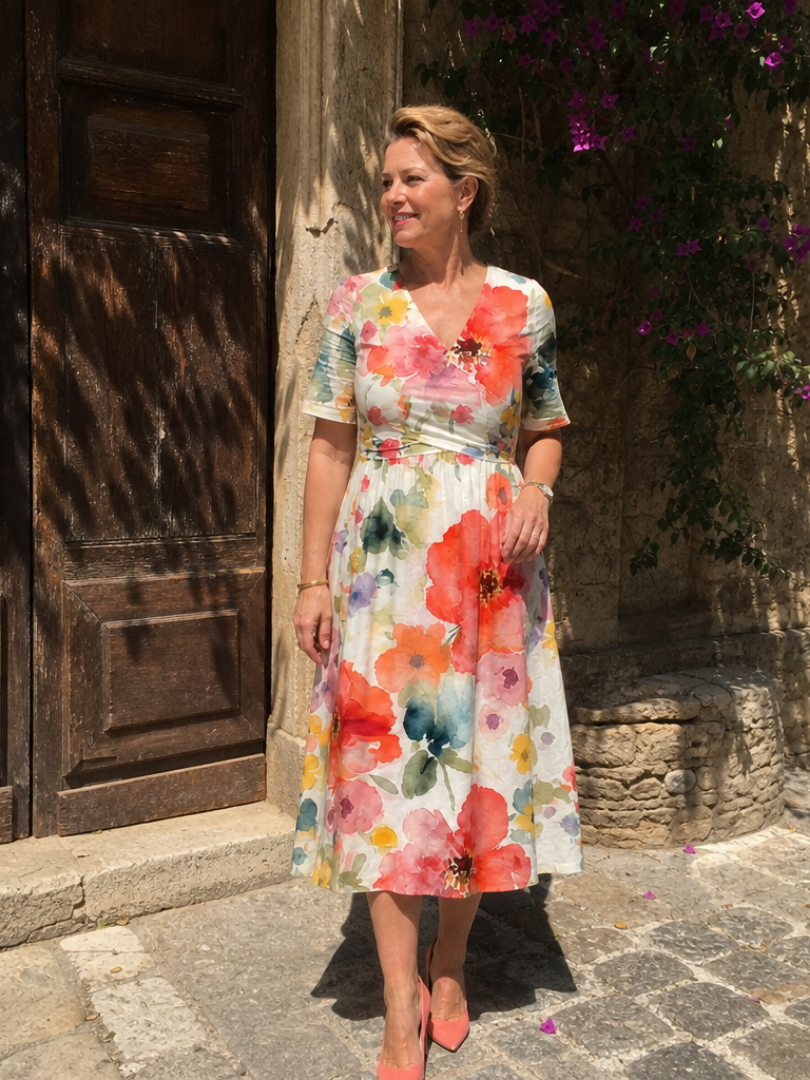 Corinne | Floral Print Short Sleeve V-Neck Midi Dress