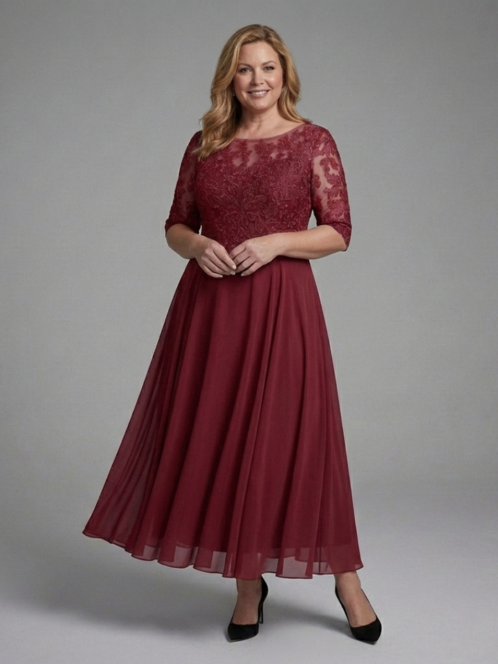 Olivine | Lace Bodice Sheer Sleeve Midi Dress