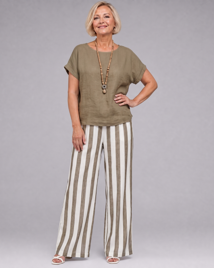 Miolna | Linen Blend Top And Striped Wide Leg Pants Set