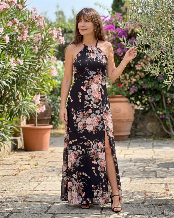 Loliane | Floral Halter Neck Side Slit Midi Dress