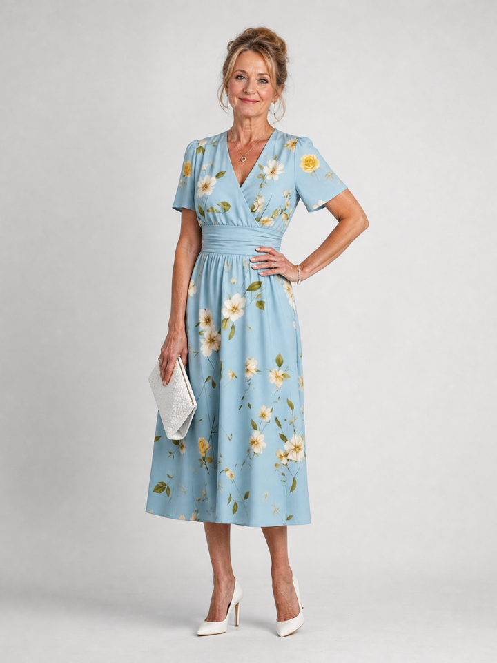 Marion | Floral Print Short Sleeve V-Neck Midi Dress