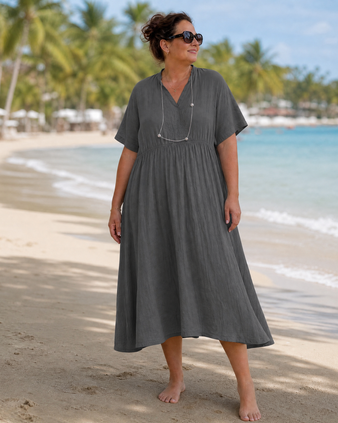 Eupherene | Textured V-Neck Relaxed Short Sleeve Midi Dress