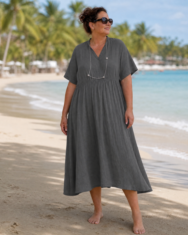 Eupherene | Textured V-Neck Relaxed Short Sleeve Midi Dress
