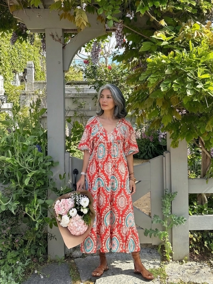 Zaria | Paisley Print V-Neck Short Sleeve Midi Dress