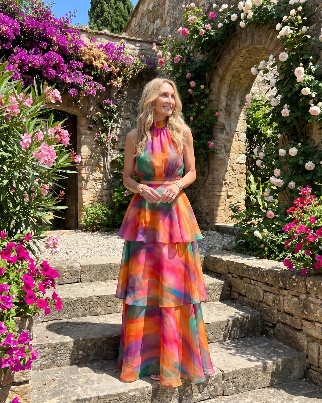Mique | Natural Floral Halter Cutout Tiered Maxi Dress
