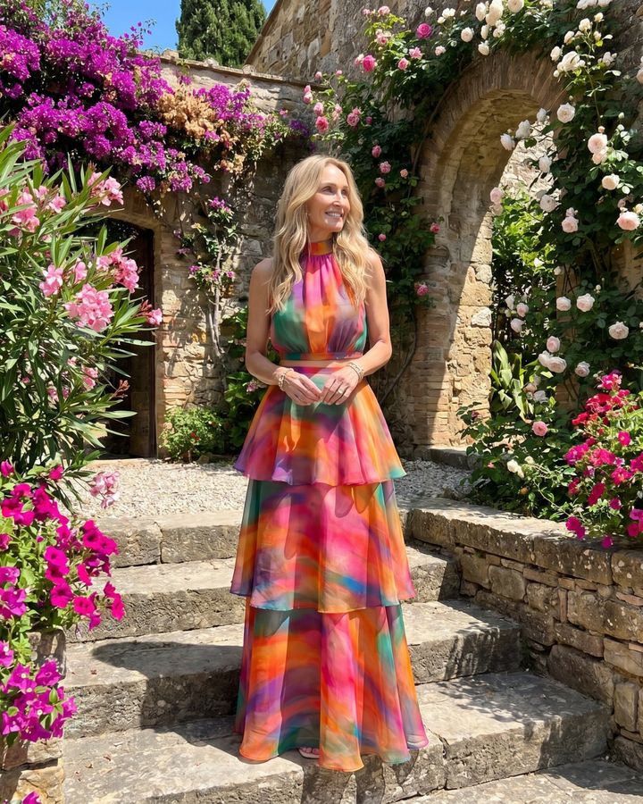 Mique | Natural Floral Halter Cutout Tiered Maxi Dress