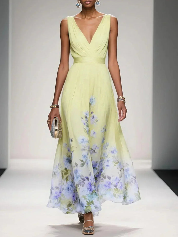 Rose | Light Blue Floral Chiffon V-Neck Maxi Dress