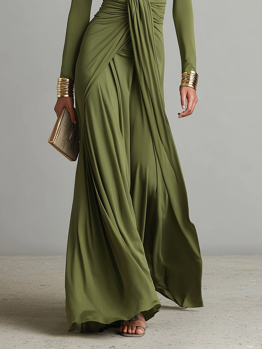 Olive Green Long Dress in Stretch Silk with Deep V-Neck and Ruffled Details, Glamour Maxi Dress