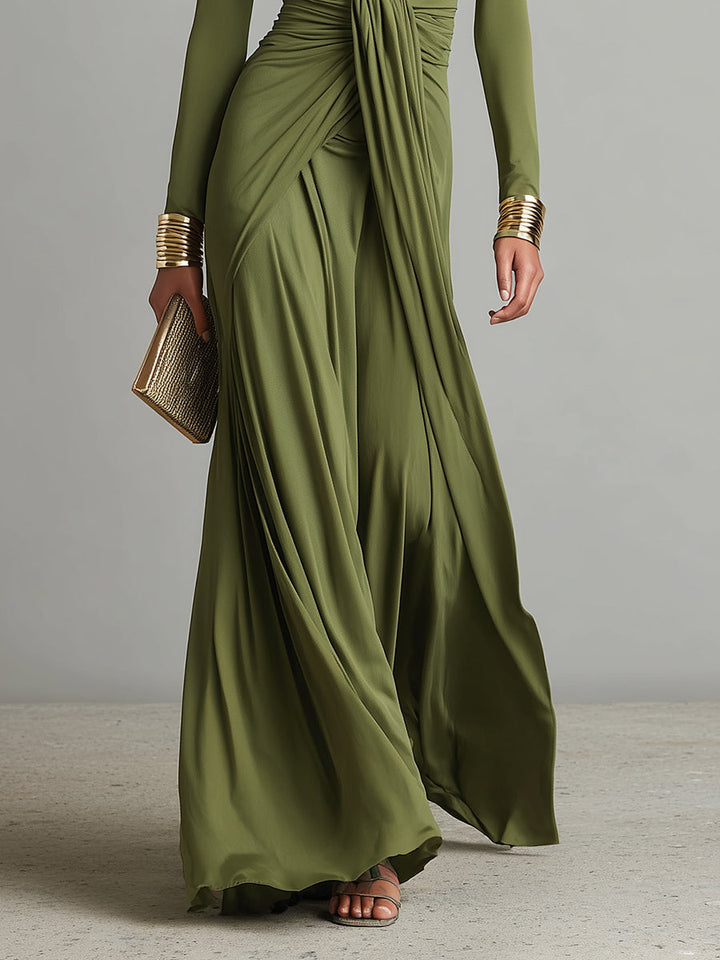 Olive Green Long Dress in Stretch Silk with Deep V-Neck and Ruffled Details, Glamour Maxi Dress