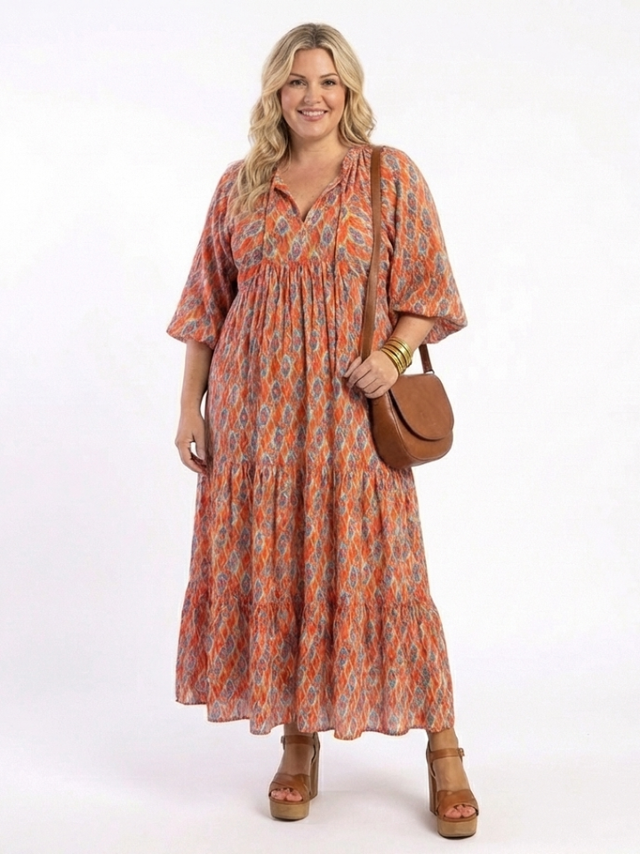 Amara | Geometric Print V-Neck Tiered Midi Dress