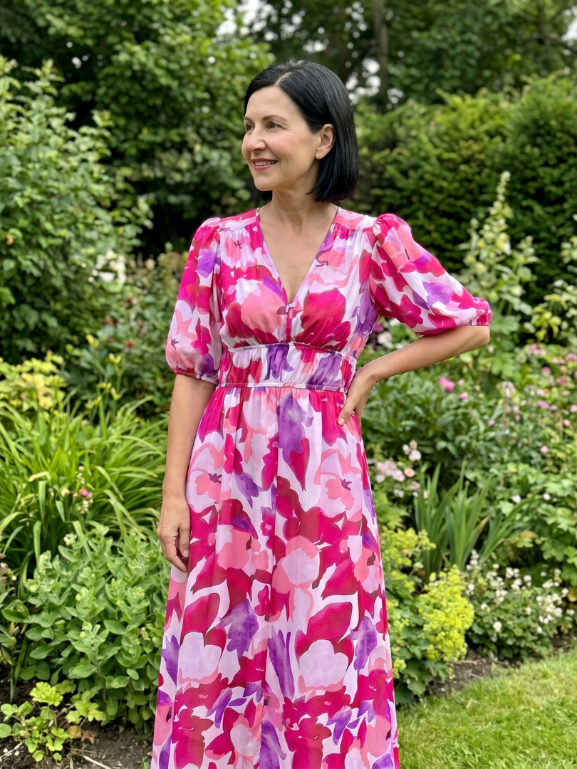 Candlia | Puff Sleeve V-Neck Abstract Print Midi Dress