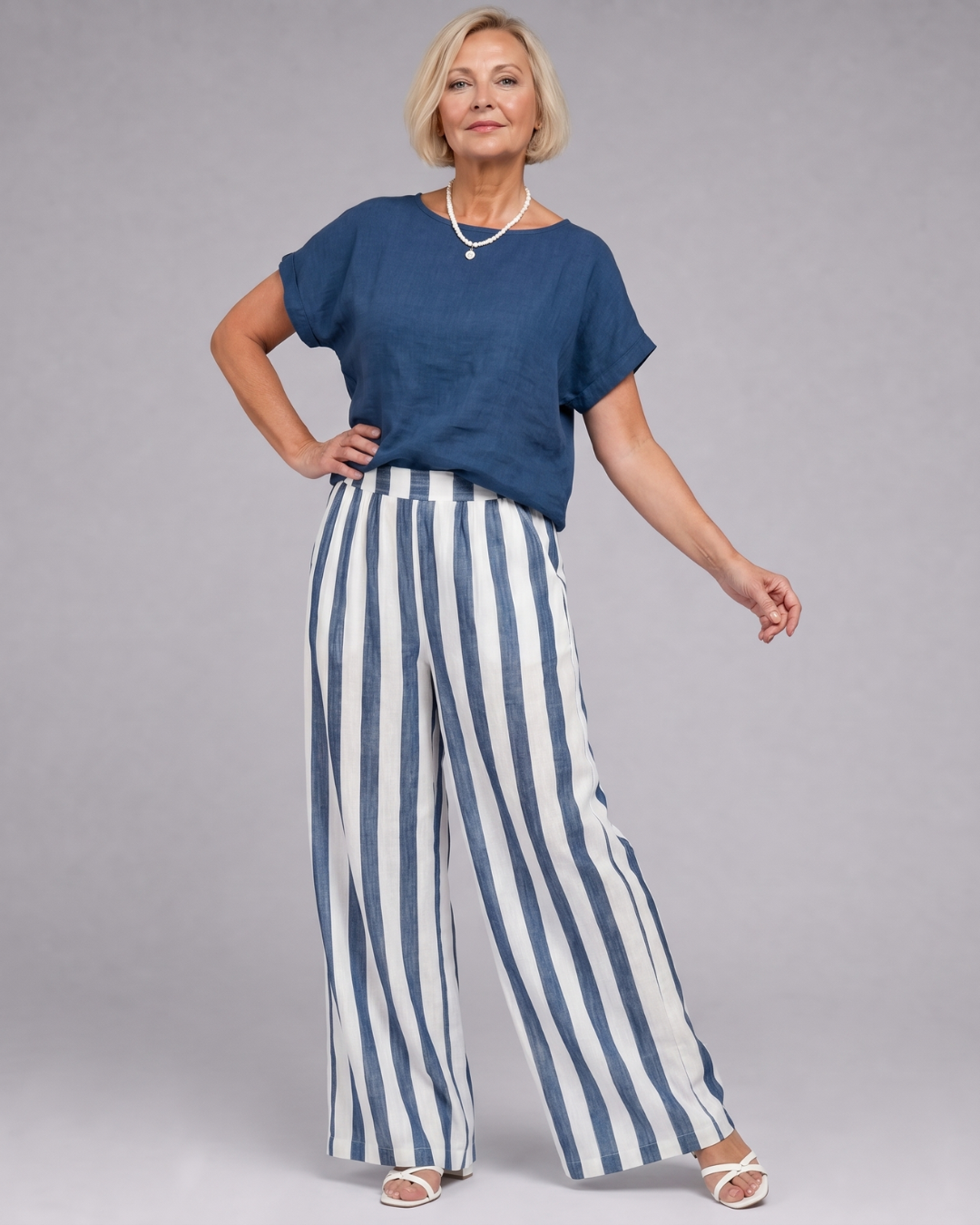 Miolna | Linen Blend Top And Striped Wide Leg Pants Set