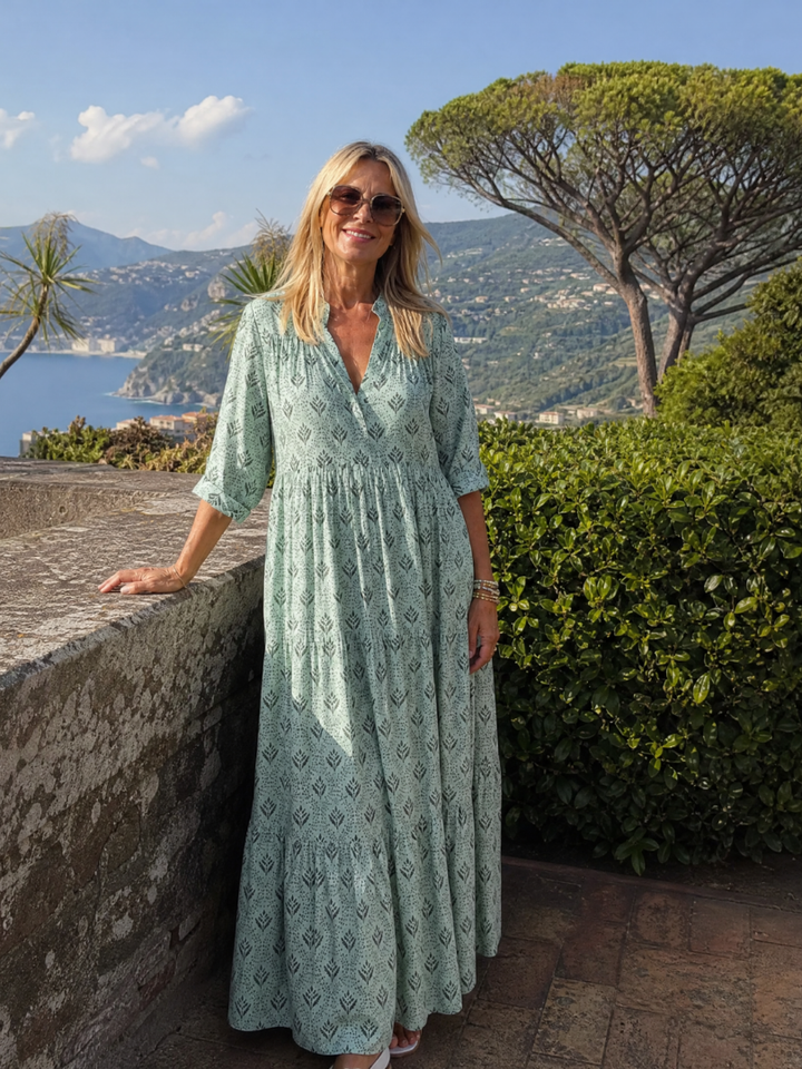 Zirelle | Printed Roll Sleeve Maxi Dress