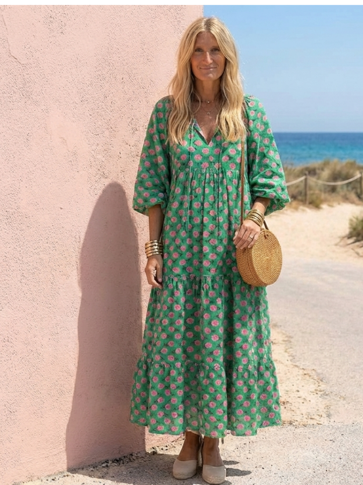 Fiora | Floral Print V-Neck Tiered Midi Dress