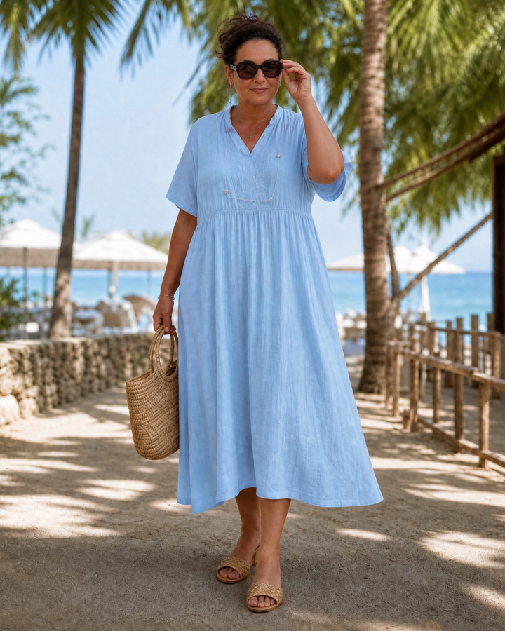 Eupherene | Textured V-Neck Relaxed Short Sleeve Midi Dress