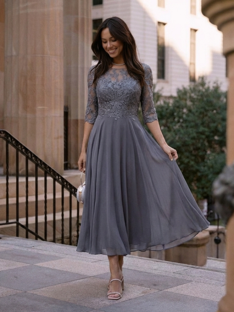 Olivine | Lace Bodice Sheer Sleeve Midi Dress