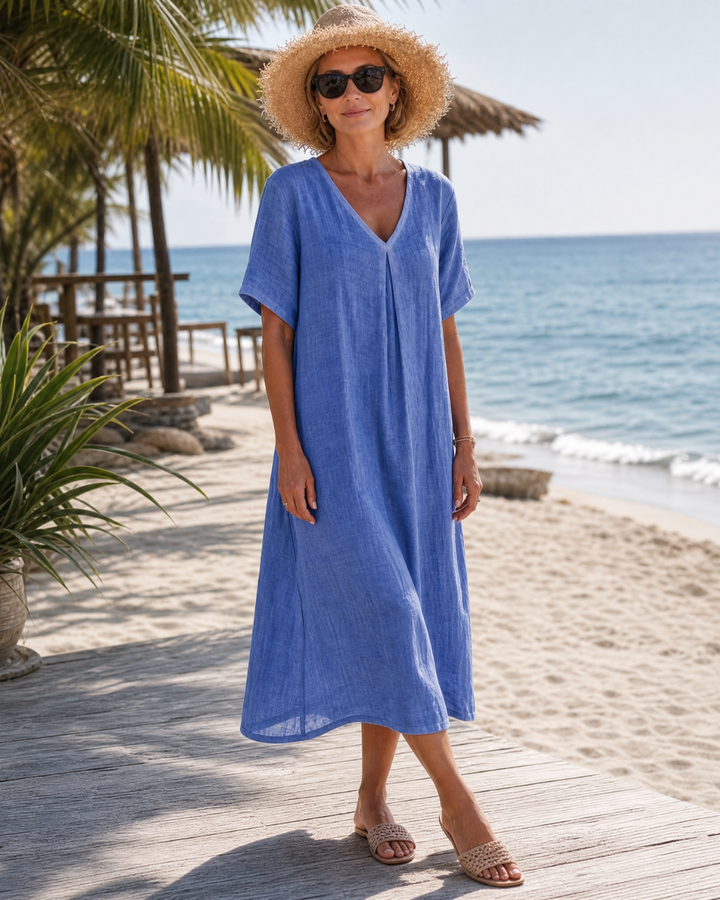 Thamal | Washed Cotton Blend V-Neck Relaxed Midi Dress