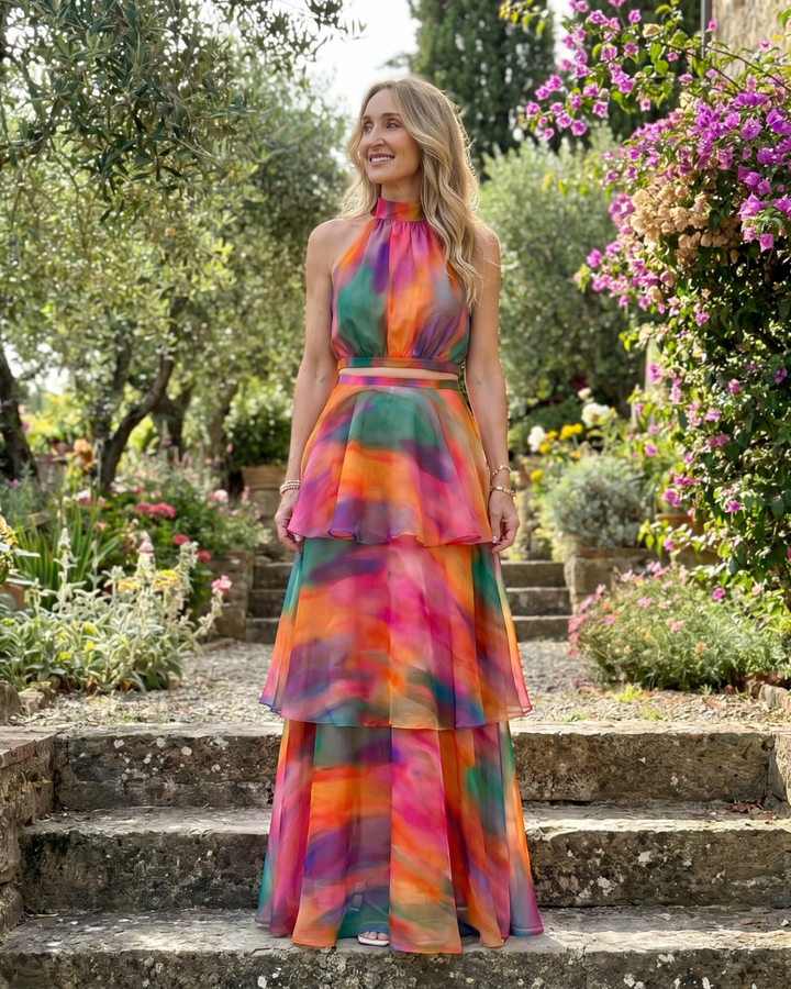 Mique | Natural Floral Halter Cutout Tiered Maxi Dress