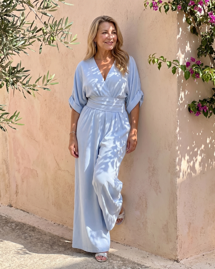 Emene | Draped V-Neck Wide Leg Relaxed Jumpsuit