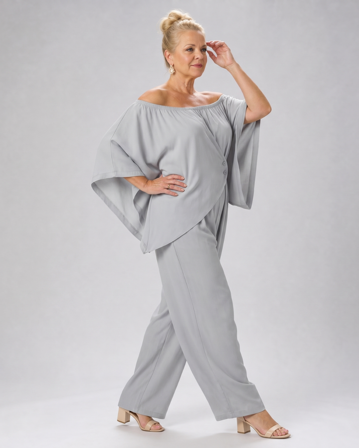 Vemrina | Draped Off Shoulder Top And Wide Leg Pants Set