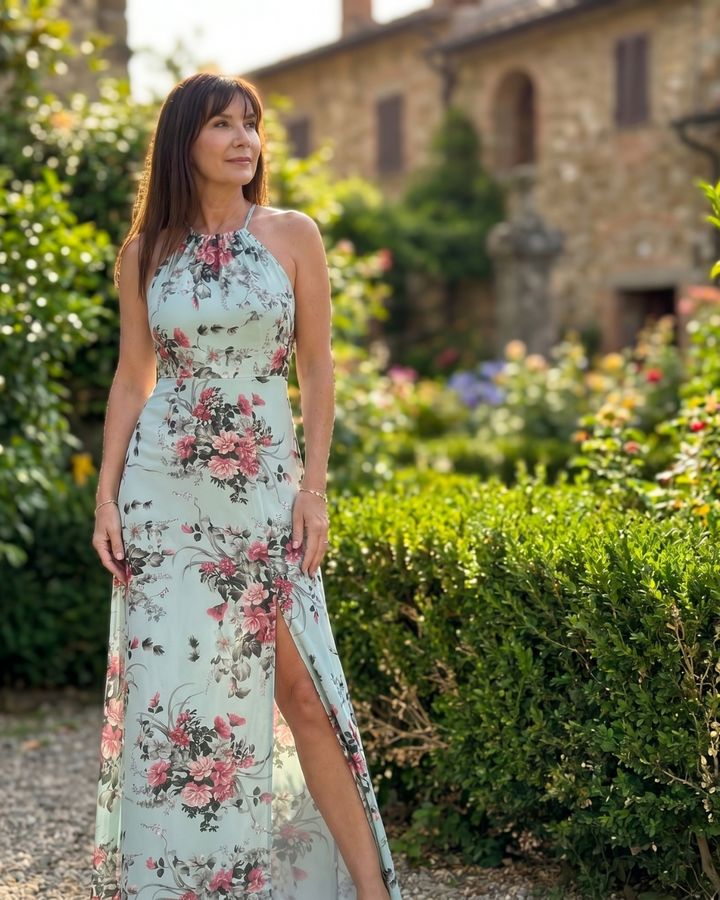 Loliane | Floral Halter Neck Side Slit Midi Dress