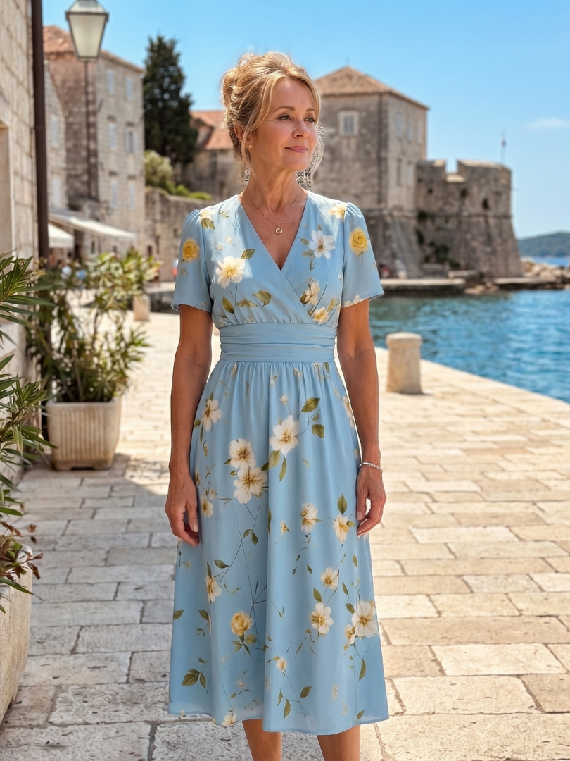 Marion | Floral Print Short Sleeve V-Neck Midi Dress