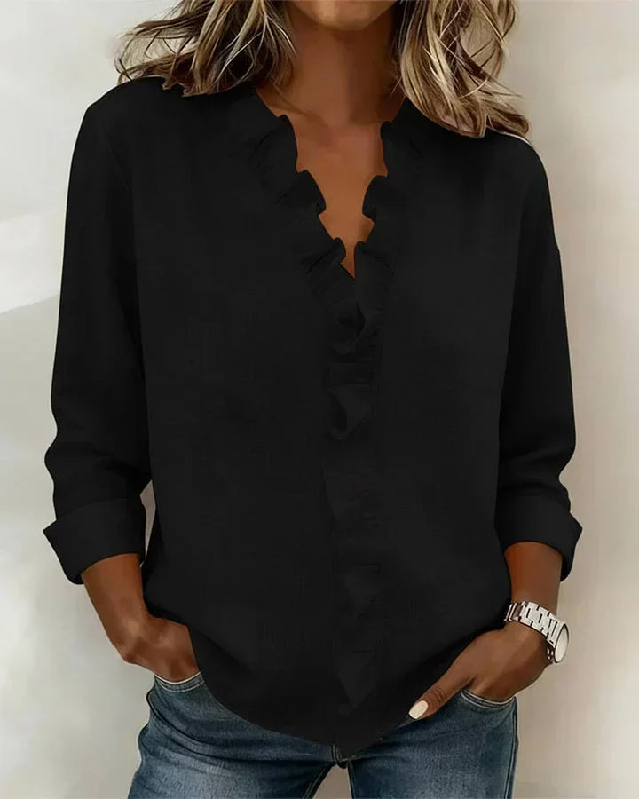 Audrey | Blouse with Ruffles, V-Neck and Long Sleeves