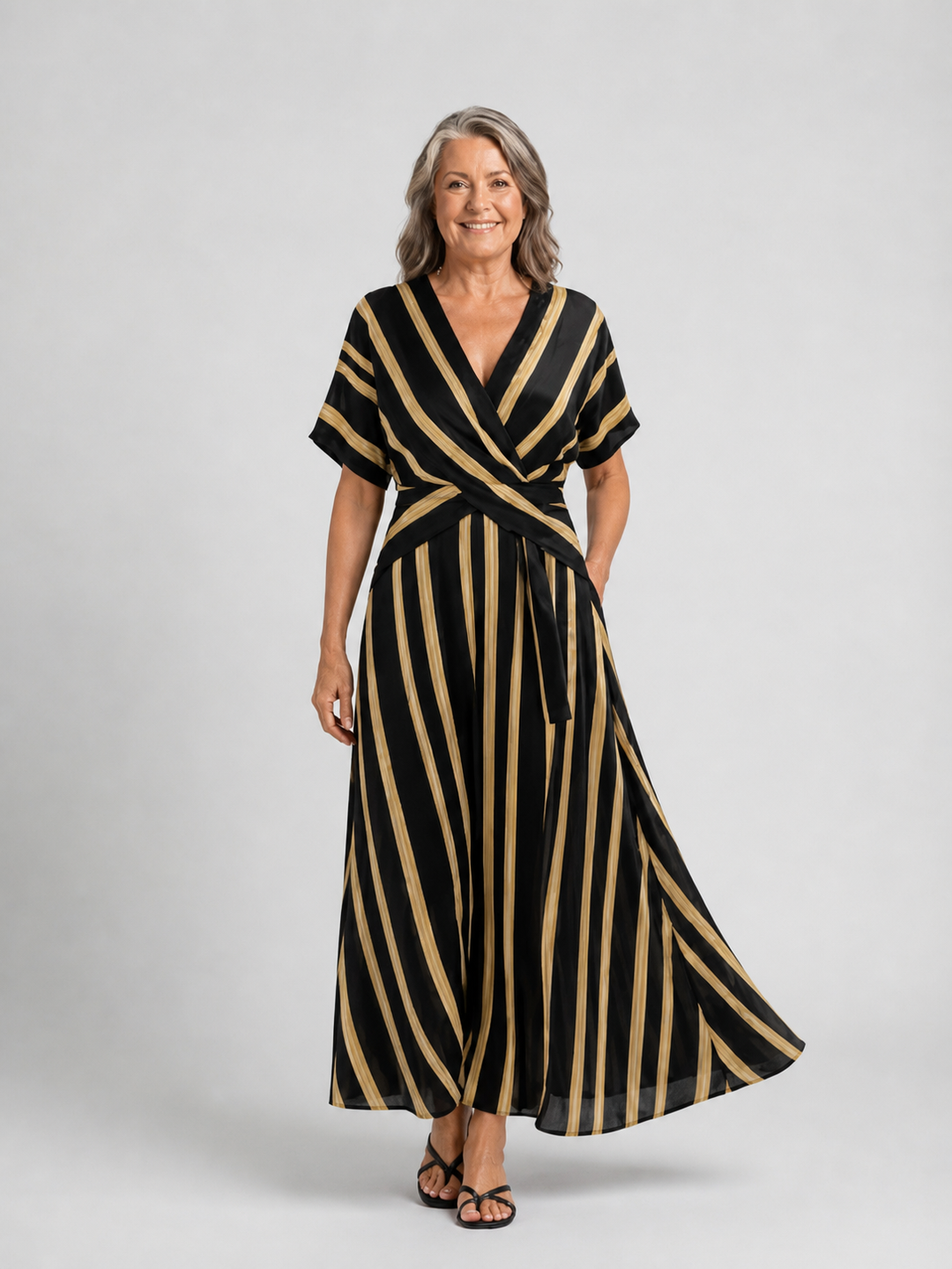 Lina | Short Sleeve V-Neck Striped Wrap Midi Dress