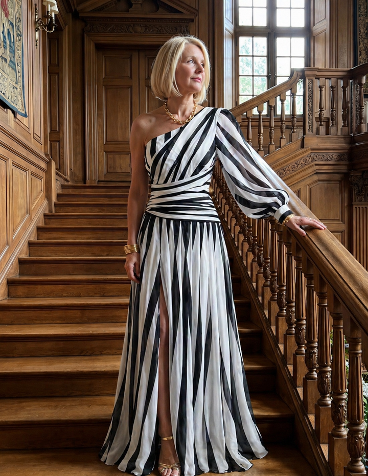 Pearl | Elegant Striped Maxi Dress with One Shoulder