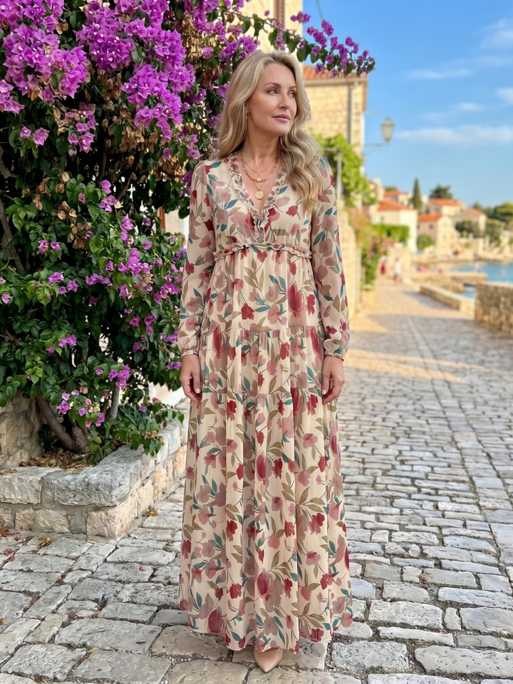 Camelo | Floral Print Long Sleeve Tiered Maxi Dress