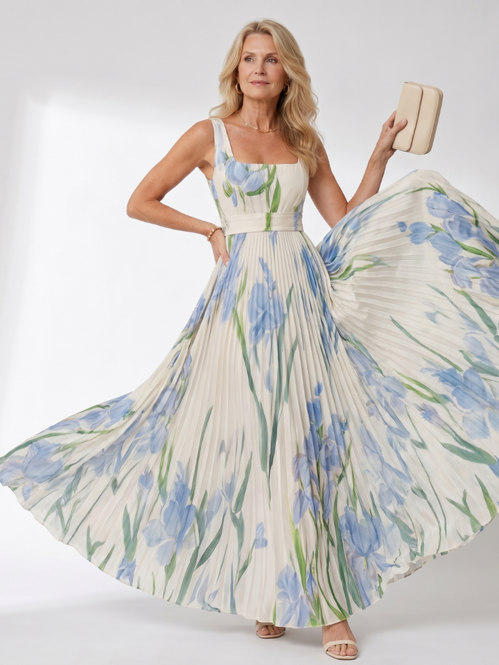 Vimele | Pleated Sleeveless Square Neck Midi Dress