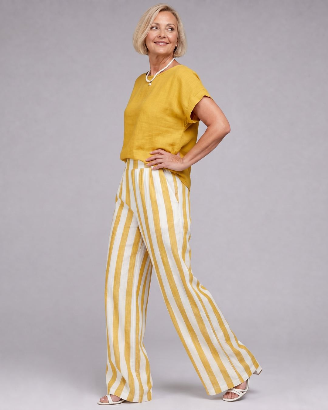 Miolna | Linen Blend Top And Striped Wide Leg Pants Set