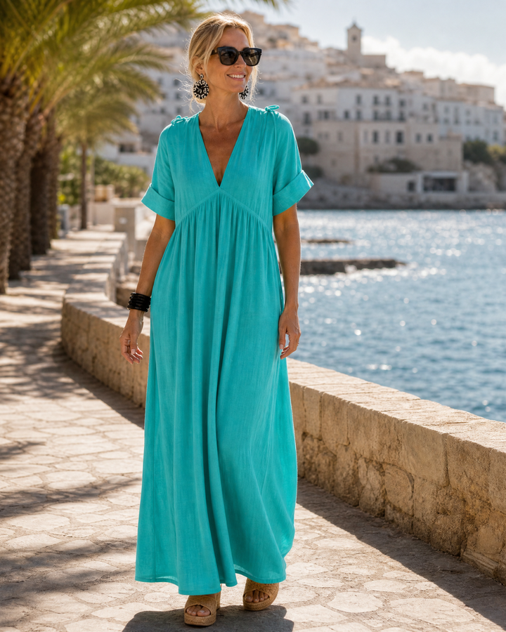 Zomla | Textured V-Neck Short Sleeve Flowing Midi Dress