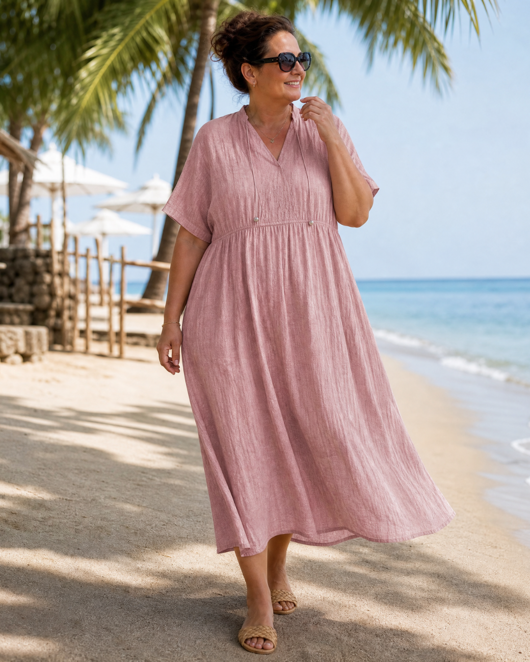 Eupherene | Textured V-Neck Relaxed Short Sleeve Midi Dress