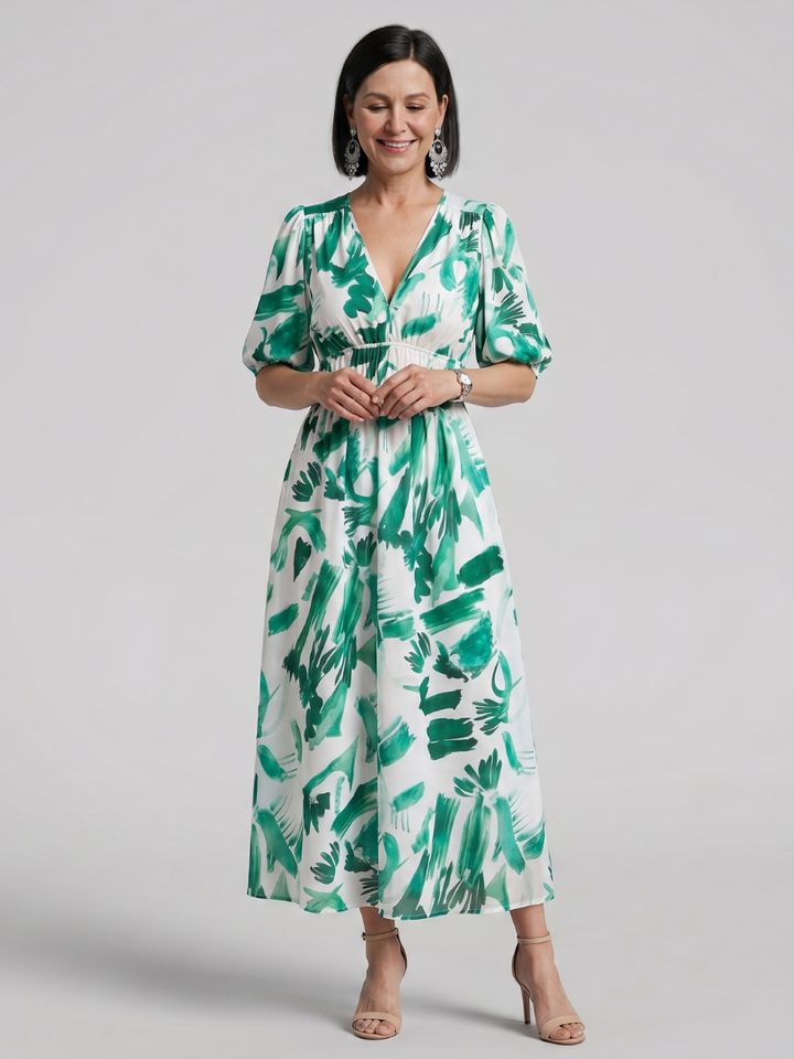 Candlia | Puff Sleeve V-Neck Abstract Print Midi Dress