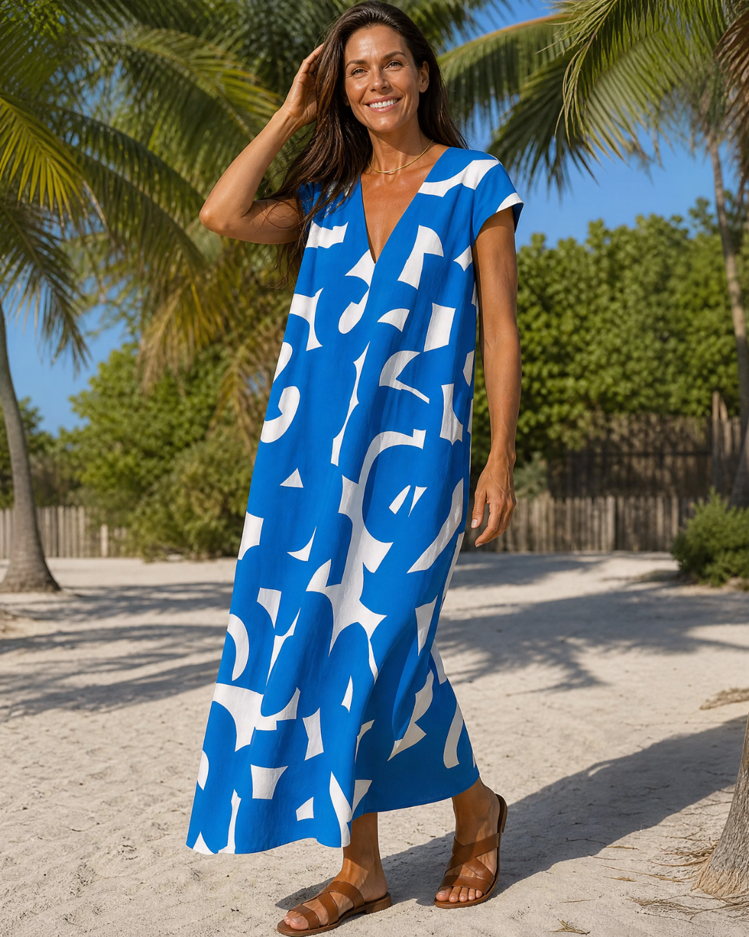 Verain | Abstract Print V-Neck Flowing Midi Dress