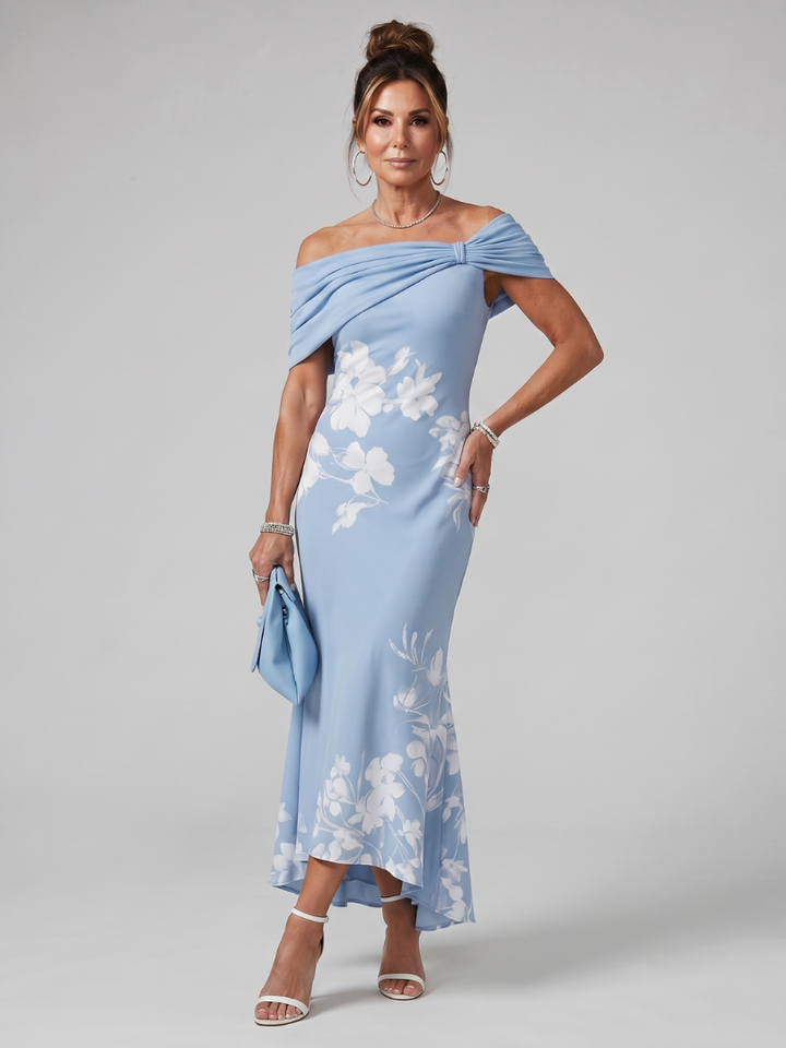 Cosma | Off Shoulder Draped Neckline Midi Dress