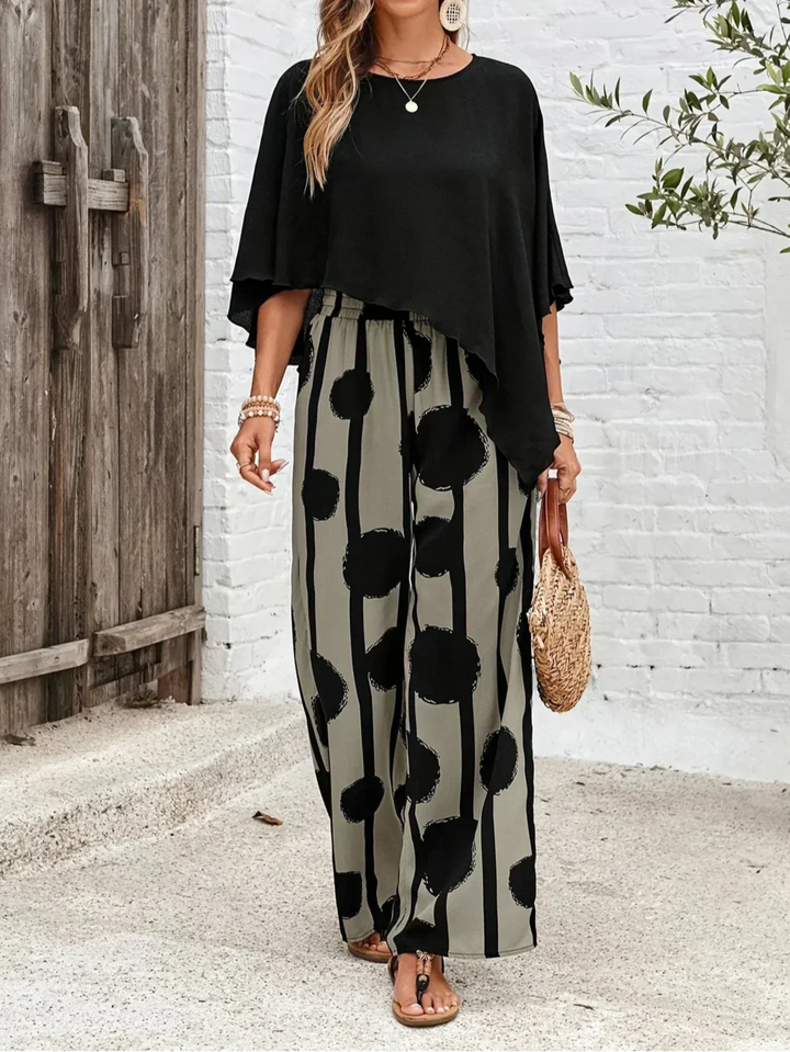 Calliope | Asymmetrical Cape Top &amp; Wide-Leg Pants Set