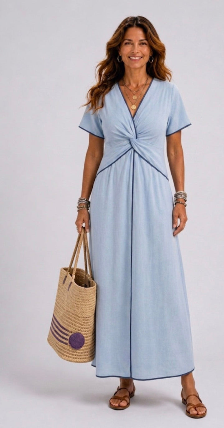 Eirene | V-Neck Short Sleeve Twist Front Midi Dress