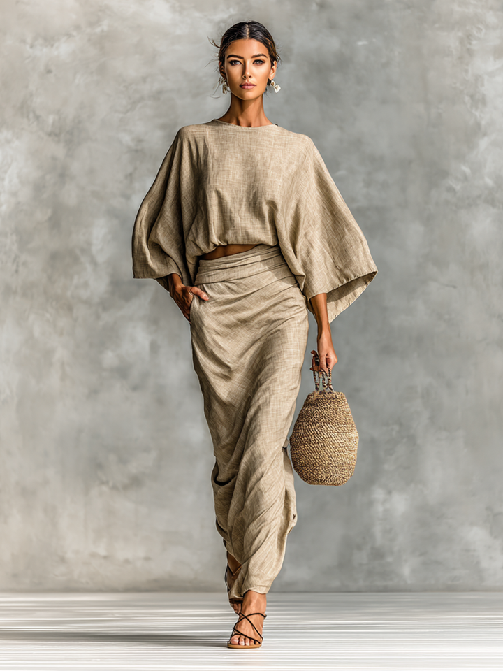 Two-piece set with long skirt and batwing sleeves