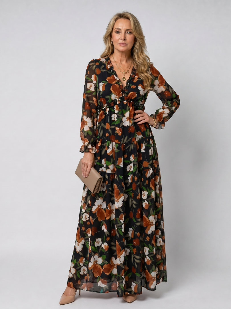 Camelo | Floral Print Long Sleeve Tiered Maxi Dress